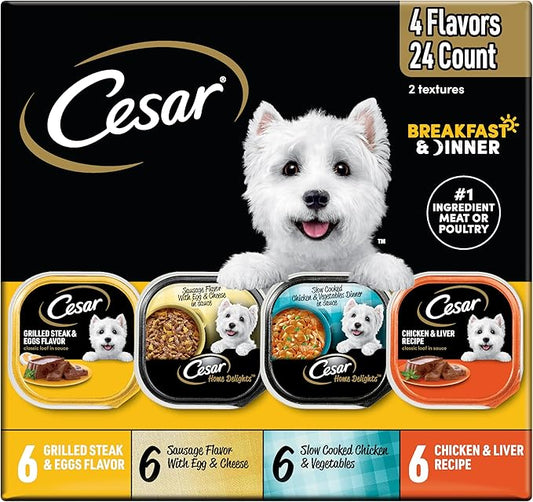 Cesar Wet Dog Food Home Delights & Classic Loaf in Sauce, Breakfast & Dinner Variety Pack, 3.5 oz. Trays, 24 Count
