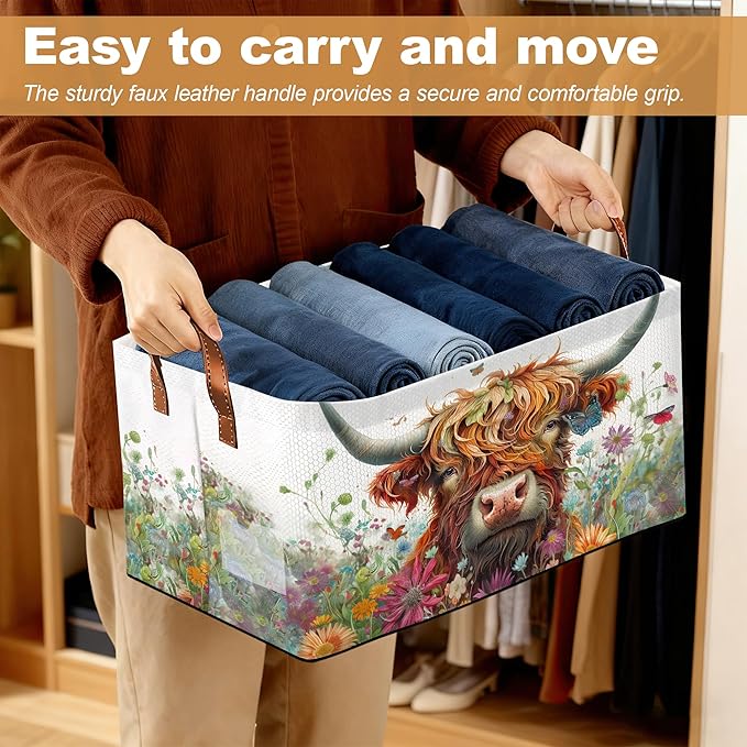 Flower Highland Cow Storage Bins with Handles, Collapsible Storage for Clothes, Gift Basket, Blankets & Closet Organization
