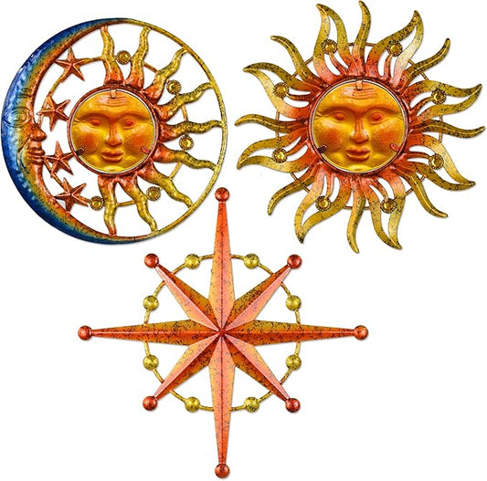 Sun Moon Star Metal Wall Art, Glass Sun Face Weird Decor, Set of 3, Indoor Outdoor Wall Decor for Patio Garden Balcony Porch Yard, Farmhouse Bedroom Living Room Wall Decorations