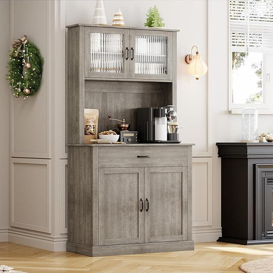 IDEALHOUSE Kitchen Pantry Cabinet with Microwave Stand, 71”Freestanding Tall Kitchen Cabinet with Doors and Shelves for Dining Room, Rustic Gray