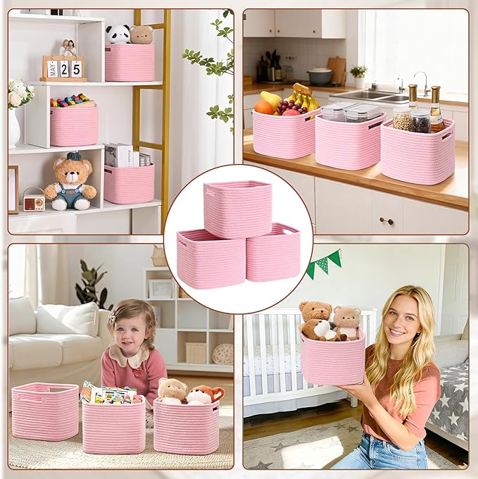3 Pack Cube Storage Bin, 9”x9”x7” Cotton Rope Woven Baskets for Organizing Toys Clothes Towels, Square Gift Storage Baskets for Shelves, Nursery, Closet, Bathroom, Pantry (Pink)