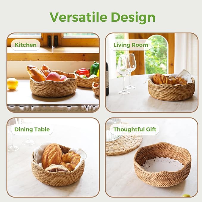 Bread Basket for Serving, Rattan Basket Bowl for Kitchen Counter, Natural Rattan Tray Wicker Baskets for Organizing, Decorative Bowl Bread Basket for Kitchen Counter Wicker Decor L ﻿