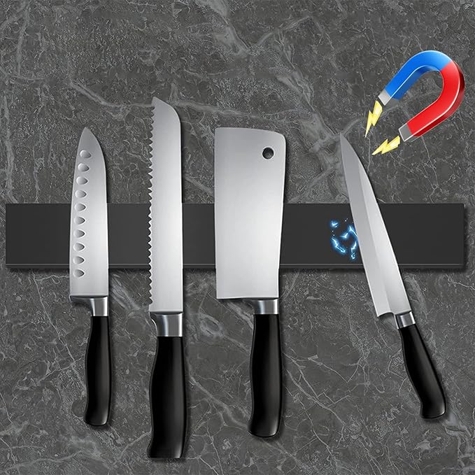 16 Inch Black Magnetic Knife Holder for Wall, No Drilling Adhesive Knife Strip with Powerful Magnet and Expanded Screws, Wall Mount Knife Rack for Knives, Includes Adhesive Tape (Black)