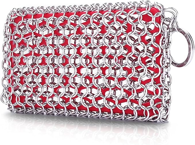 Chain Mail Cast Iron Cleaner and Scrubber Tool with Silicone Support Pad