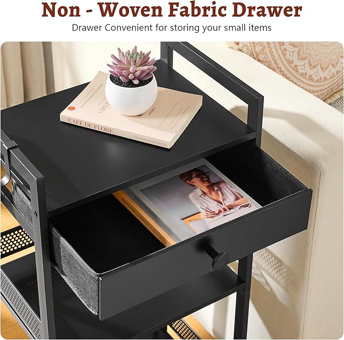 FAVOOSTY Bathroom Ladder Shelf, 3-Tier Bathroom Floor Storage Shelf with Drawer, Freestanding Towel Shelf, Bookcase End Table Open Shelving Unit for Living Room,Balcony, Black