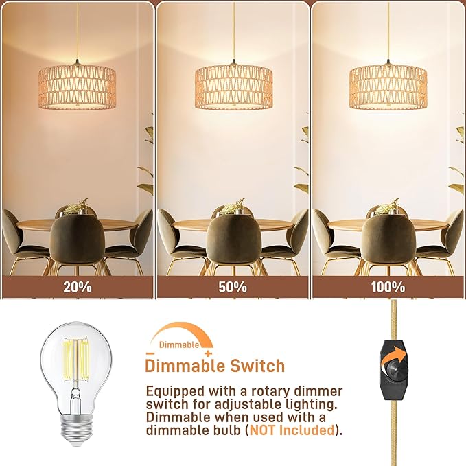 13'' Gold Plug in Pendant Light, Boho Dimmable Hanging Lamp with Rotary Dimmer Switch & 15ft Cord, Rattan & Fabric 2-in-1 Shade, Farmhouse Pendant Lights Kitchen Island Living Room Bedroom, ETL Listed