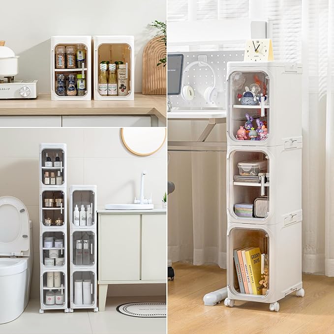 Narrow Bathroom Storage Cabinet with Wheels, 4-Tier Plastic Slim Organizer with Adjustable Shelves for Small Spaces,Bathroom, Kitchen, Milky White