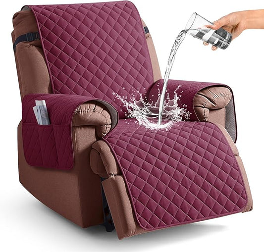 KinCam 100% Waterproof Recliner Chair Cover, Reclining Couch Covers for Pets, Dogs, Recliner Couch Slipcover Furniture Protector with Elastic Straps for Kids(23.6", Burgundy)
