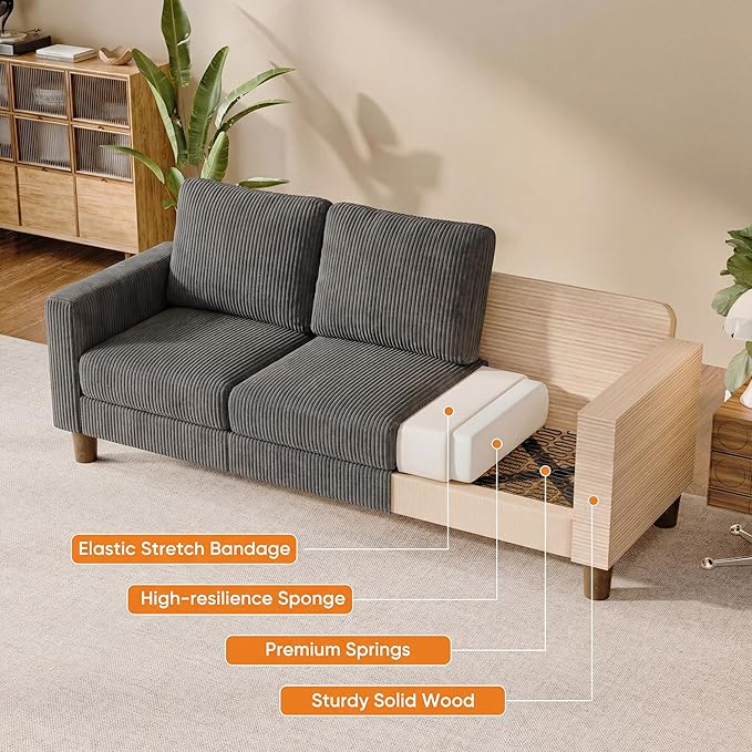 L Shape Sectional Sofa Couch, 3 Seat Convertible Sofa with Movable Ottoman and Side Storage Pockage, Modern Sofa Small Couches for Living Room & Apartment and Small Space (Corduroy, Dark Grey)