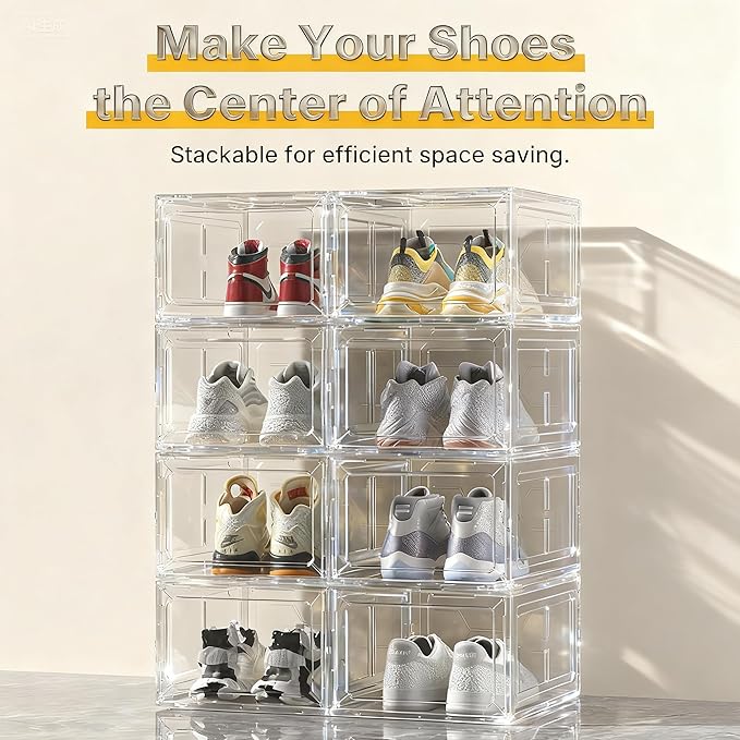 Stackable Clear Pink Shoe Boxes 6 Pack with Magnetic Door, Drop Front Sneaker Storage Organizer for Closet, Large Transparent Plastic Shoe Storage Containers