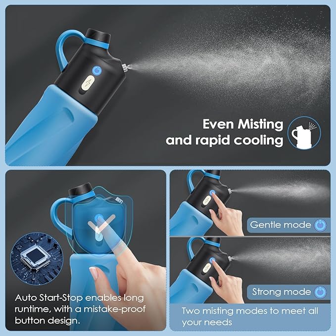 Electric Misting Water Bottle — No Straw, No Leak Design — Stainless Steel Double Wall Insulation — Food-Grade Materials — For Gym, Hiking, Golf