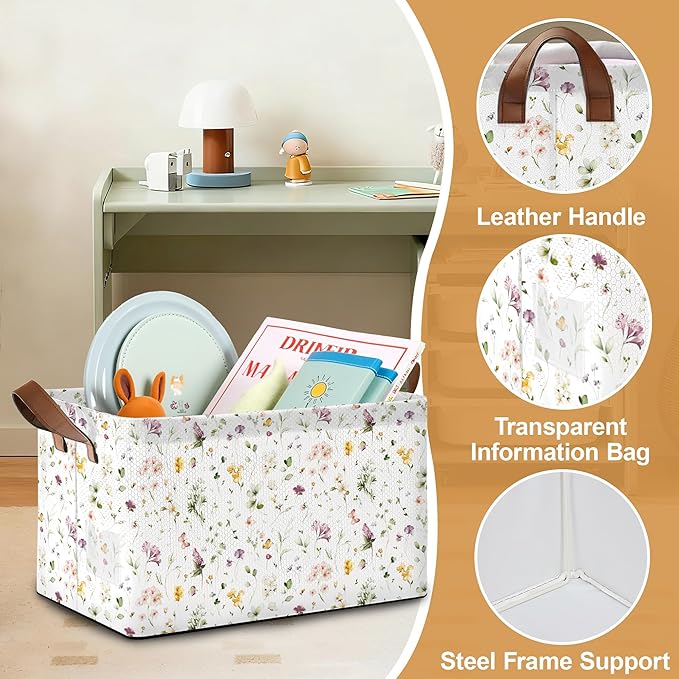 32L Large Storage Bins with Handles, Basket Organizer for Shelves, Closet, Books, Laundry & Home Decor (Meadow Flower)