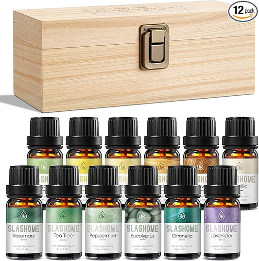 Essential Oils for Diffusers for Home –12 x 10ml Water Soluble Aromatherapy Oils with Wood Box, Natural Scented Oils for Home, Spa, Car & Gifts - Lavender, Peppermint, Sweet Orange, Tea Tree & More