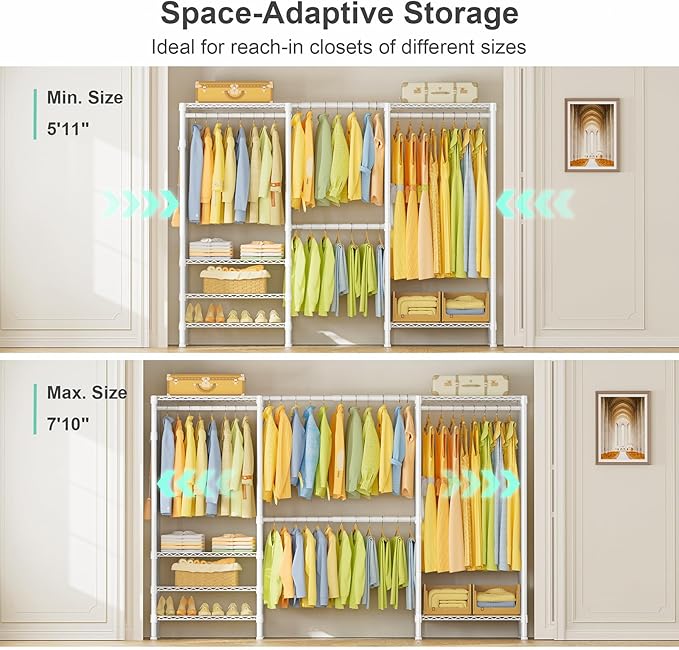 SEMHOR E06 Expandable Heavy Duty Clothes Rack for Reach-in Closet, Large Freestanding Clothing Racks with Shelves, Carbon Steel Closet System Adjustable from 70.8-93.9", Max Load 800LBS, White