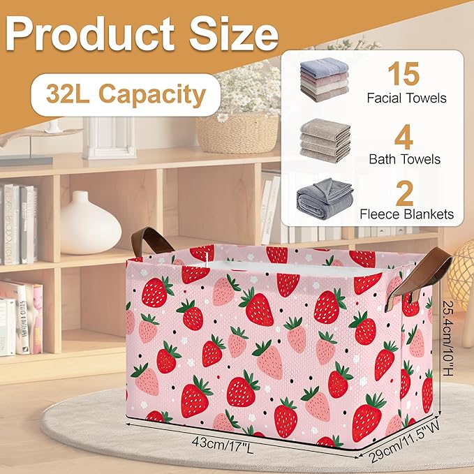 Storage Bin with Handles, Cute Strawberry Collapsible Laundry Baskets for Books, Laundry - Use in Nursery, Closet Organizers and Storage, Blanket Basket