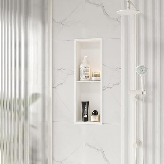 Stainless Steel Shower Niche 24" X 8", No Tile Needed Wall Niche Double Shelves, Recessed Shower Shelf for Bathroom Storage, Matte White