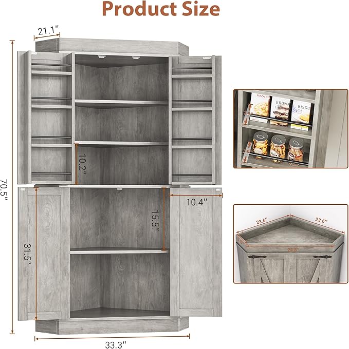 Corner Cabinet,71'' Kitchen Pantry Storage Cabinet with 4 Doors and Shelves, Tall Food Pantry Storage Cabinet Farmhouse Furniture for Kitchen Dining Room, Grey
