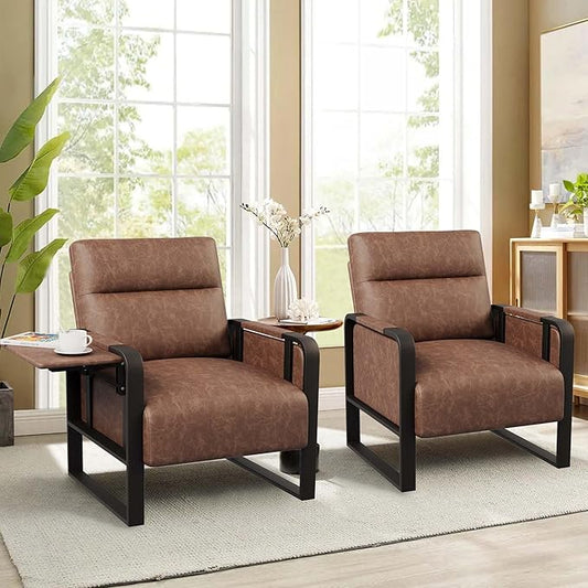 Modern PU Leather Accent Chairs Set of 2 Upholstered Armchairs with Tray Table Leisure Side Chairs for Living Room Bedroom Office Dark Brown