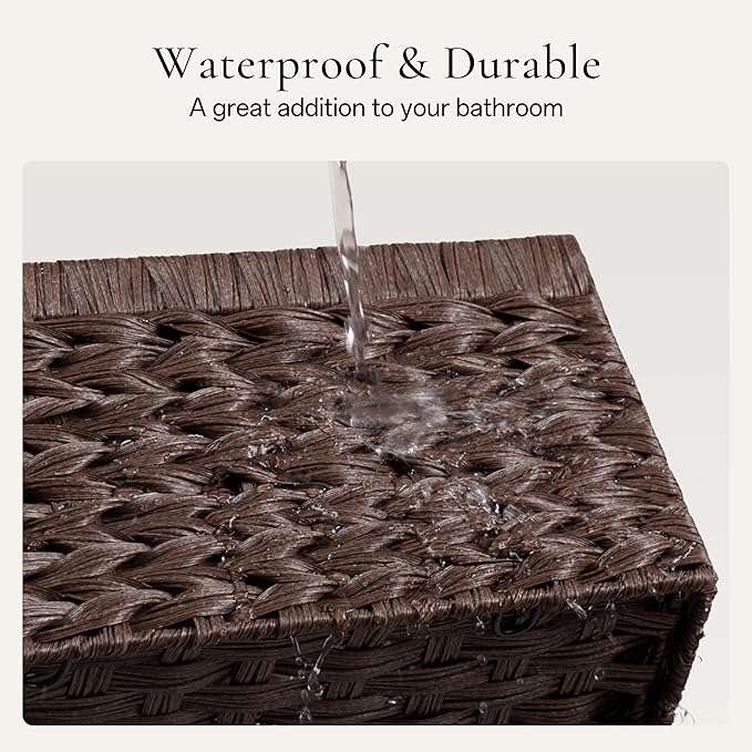 Storage Baskets with Label — Wicker Pantry Baskets for Shelves, Waterproof Woven Basket for Organizing, 2-Pack Plastic Rectangle Organizers with Handles, Dark Brown (10L×8H×4W)