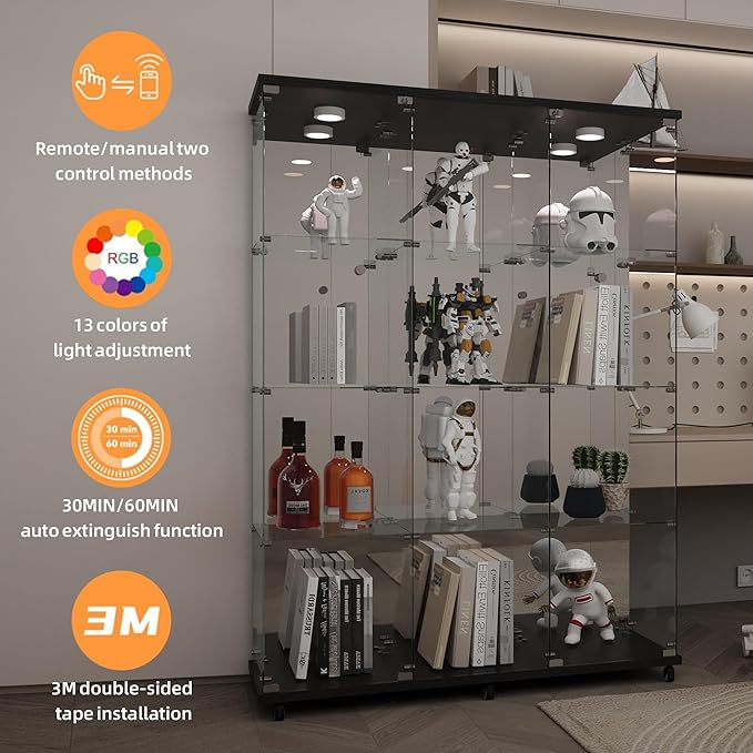 LFT HUIMEI2Y Glass Display Cabinet 12 Shelves with 3 Columns 2 Doors, LED Light, Mirror and Lock, Curio Cabinets Quick-Install Style Tempered Glass Bookshelf for Living Room, Kitchen Black