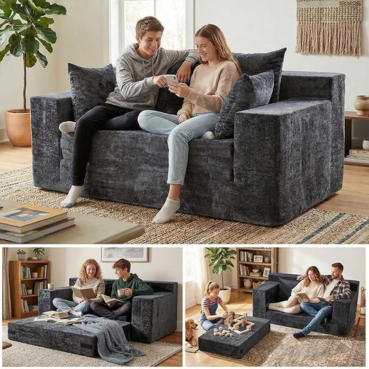 Convertible Sofa Bed, 5 in 1 Small Boneless Couch Pull Out Loveseat Sleeper Sofa,Corduroy Futon Couch Folding Mattress with 4 Pillows for Living Room Bedroom Lounge (No Assembly)