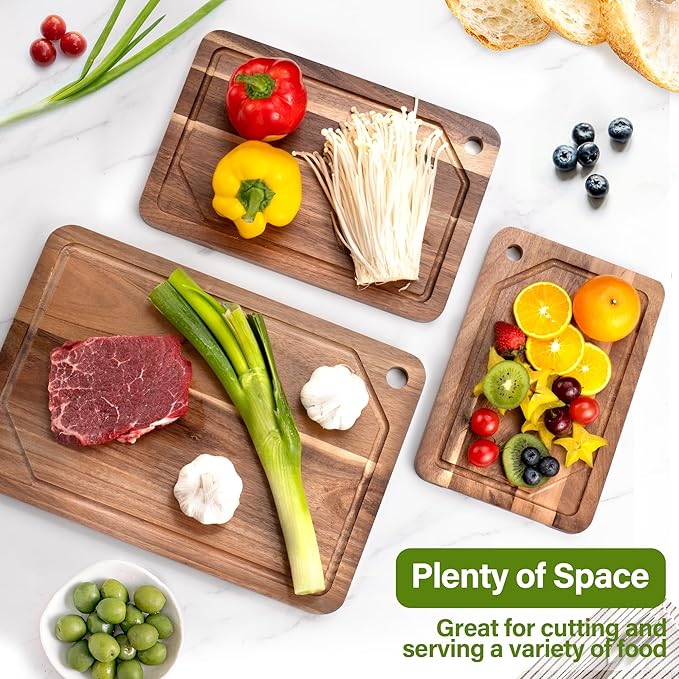WILLKOMMEN Acacia Wood Cutting Board for Kitchen, 3-Piece Chopping Boards Set with Stand, Juice Groove, Handles & Hanging Holes, Butcher Block for Meat, Vegetables (Small, Medium, Large)