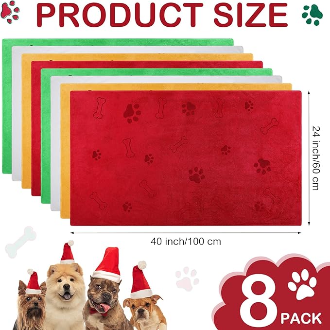 8 Pcs Dog Towels for Drying Dogs Cats Pet Towels Bulk Puppy Microfiber Fast Drying Paw Bath Bathing Supplies Absorbent for Medium Pets (Christmas Color,40 x 24 Inch)