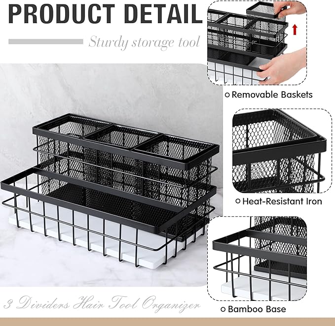 1 Pcs 1pcs Hair Tool Organizer Countertop Breathable Metal Bamboo Hot Tools Vanity Organizer Under Sink Bathroom Hair Dryer Holder Countertop Brush Comb Holder Tray (White Bamboo,Black)