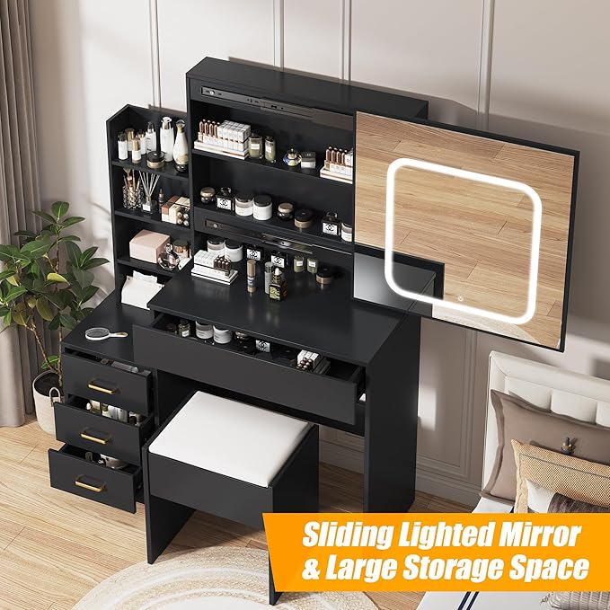 Vanity Desk with Sliding LED Mirror, Makeup Dressing Table with 4 Drawers, Storage Shelves, Power Outlet & Cushioned Stool, Adjustable 3 Lighting Modes, Modern Vanity Set for Bedroom, Black
