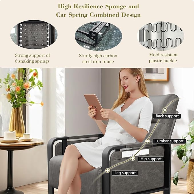 Modern Accent Chair with Tray Table PU Leather Upholstered Armchair for Bedroom Leisure Living Room Chairs Office Chair Grey