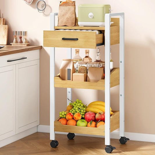 Hoctieon 3-Tier Rolling Storage Cart with Drawer, Rolling Utility Cart Organizer, Mobile Shelving Unit with Wheels, Metal Frame, Kitchen Utility Cart for Small Space, Office, Bathroom, Oak Beige