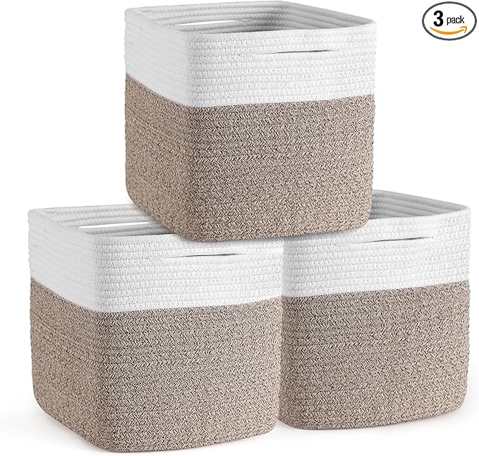 Storage Cubes 11 Inch Storage Baskets for Shelves, Set of 3 Cotton Rope Woven Baskets for Organizing, Cube Storage Square Bins for Toy, Playroom Decor, Classroom, Closet, White+brown