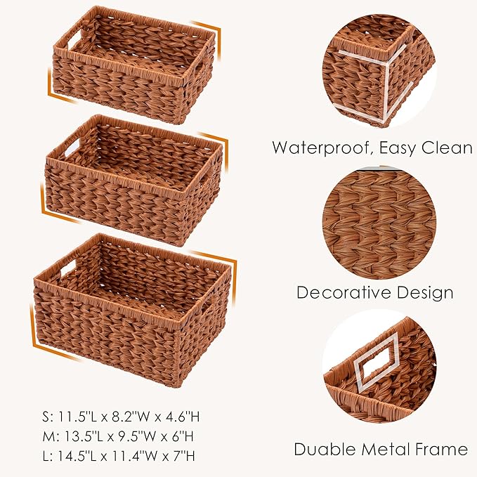 Set of 3 Wicker Storage Baskets, Decorative Baskets With Built-in Handles, Multipurpose Nesting Countertop Baskets for Shelves, Kitchen Organizers, Pantry, Bathroom, Toilet, Closet (Natural)