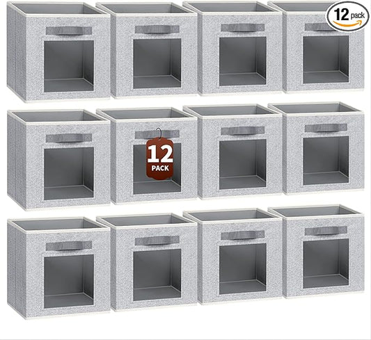Foldable Storage Cubes - Square Organizer with Window, Decorative Baskets for Organizing, Fabric shelf Basket for Clothes, 11 Inch Closet Storage Cubes, Set of 12, Light Grey