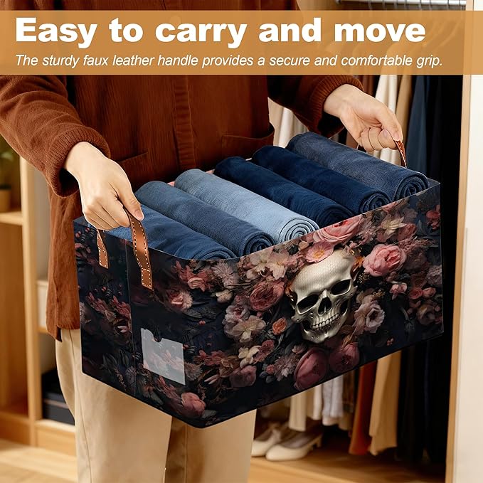 Pink Flower Skull Storage Bins with Handles, Collapsible Storage for Clothes, Gift Basket, Blankets & Closet Organization
