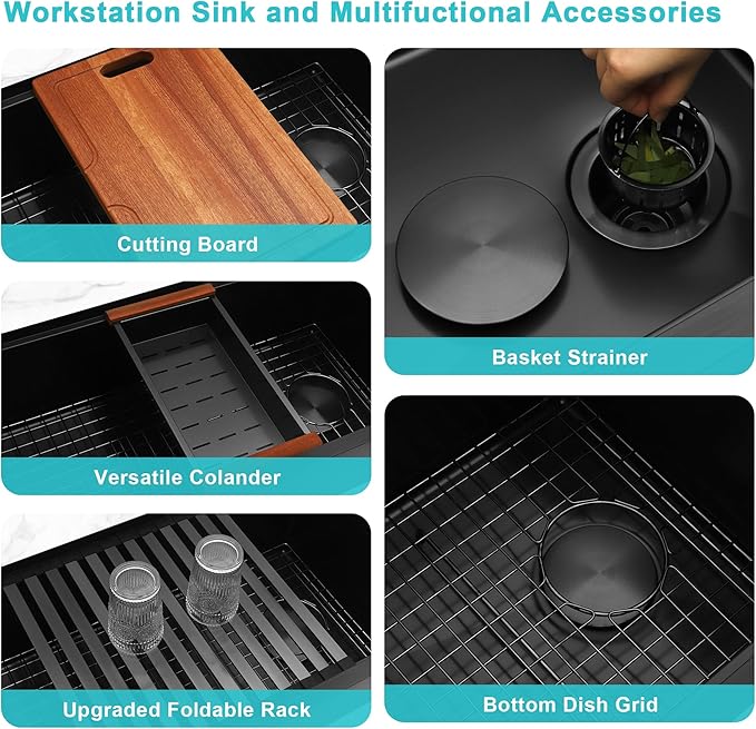 Black Undermount Kitchen Sink,16 Gauge Stainless Steel Sinks,Single Bowl Workstation Sink,Modern Kitchen Sink Offset Drain (30" X 18")