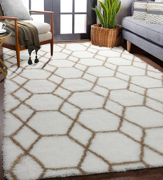 ONASAR Area Rugs for Bedroom Living Room, Fluffy 4x6 White and Beige Throw Rug, Geometric Boho Shaggy Soft Plush Indoor Floor Carpet for Nursery Kids Girls Boys Teen Dorm Home Decor Aesthetic