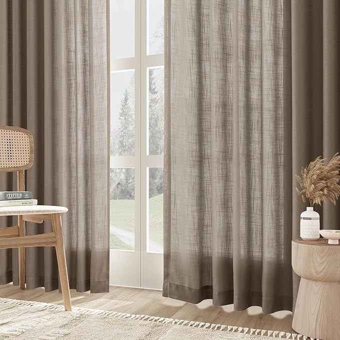 Joywell Dark Camel Back Tab Rod Pocket Linen Curtains 96 Inches Long 2 Panels for Living Room Bedroom Neutral Boho Farmhouse Rustic Light Filtering Semi Sheer Curtains Window Treatment 52x96