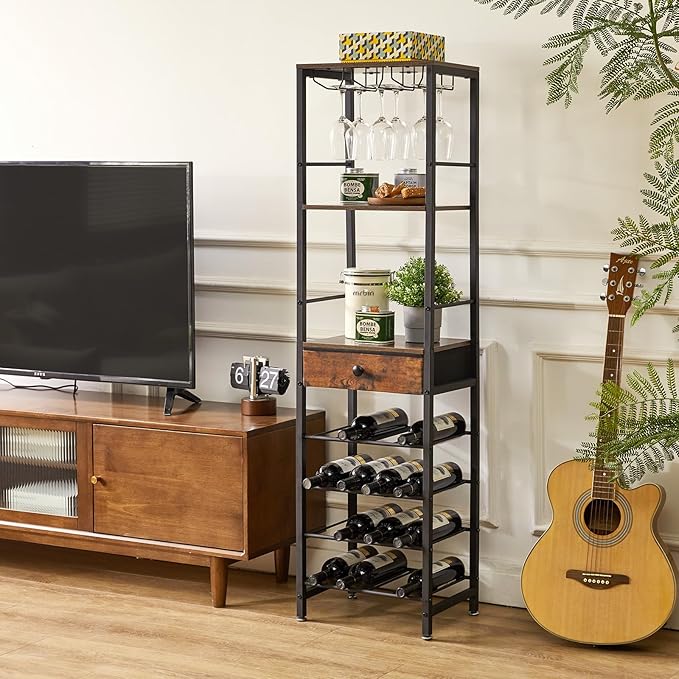 IBUYKE Wine Rack Freestanding Floor, Bar Cabinet for Liquor and Glasses,4-Tier Wood Coffee Bar Cabinet,Glass Holder and Storage Drawer for Home Bar Kitchen Living Room,Rustic Brown UTMJ905H