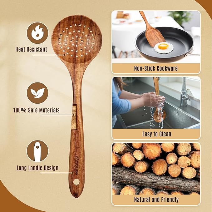 Wooden Spoons for Cooking 5 PCS - Natural Teak Kitchen Utensils Set