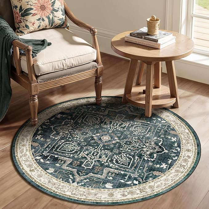 Dark Medallion Round Rugs 5ft, Non Slip Washable Thin Circle Rugs for Kitchen Dining Room, Traditional Medallion Printed Circle Carpet 5 feet for Bedroom Living Room, Midnight/Multi