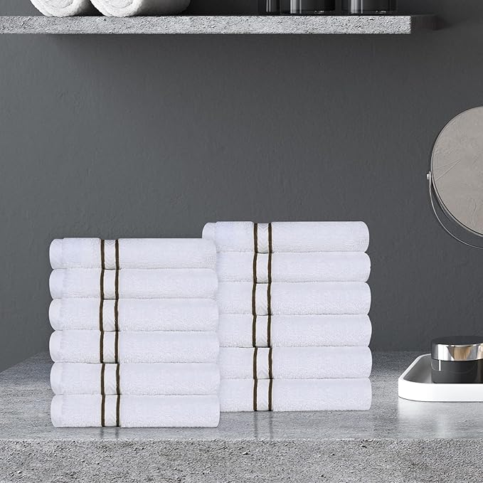 Superior Hotel Turkish Cotton 12 Piece Face Towel Set, Ultra Plush Spa Quality Heavyweight Essentials for Skincare, Thick Absorbent and Soft, Dobby Border, Includes 12 Washcloths, Latte