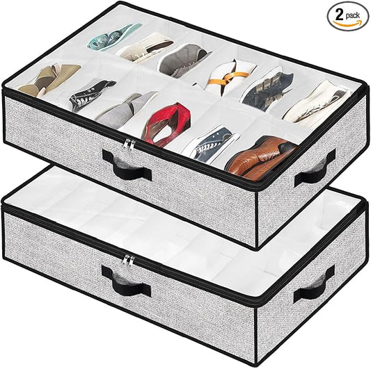 Under Bed Shoe Storage Organizer for Closet 2 Pack- Fits 24 Pairs Underbed Shoes Container Boxes Light Grey