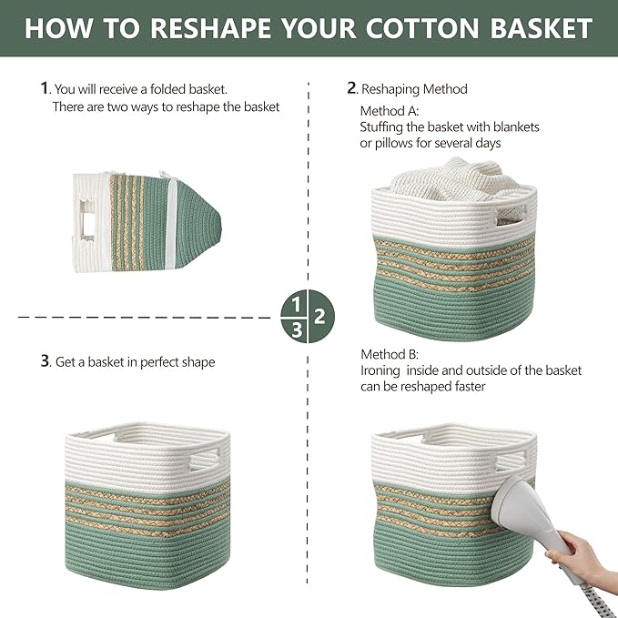 UBBCARE Set of 4 Storage Cubes 11 X 10.5 X 10.5 in, Water Hyacinth Storage Bins for Shelves, Toys, Books, Organizing Baskets with Handles, Cotton Rope Woven Baskets, Green