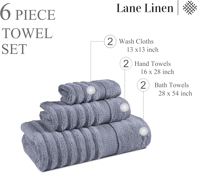 LANE LINEN Towels for Bathroom - 6 Piece Value Set - 100% Mercerized Cotton, Super Soft & Quick Dry - 2 Bath, 2 Washcloths, 2 Hand Towels - Oeko TEX Certified, Tumble Dry Safe & Durable - Cool Grey