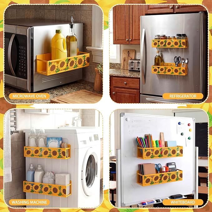 2 Pack Sunflower Magnetic Spice Rack for Refrigerator Metal Magnet Basket Shelf for Fridge Seasoning Storage Organizers Home Decor Kitchen Accessories (White)