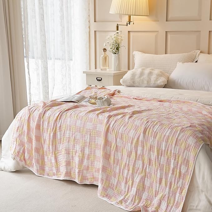 Ultra Soft Cozy 6-Layer Muslin 100% Cotton Checkered King Bed Blanket Breathable Lightweight Checkboard Bed Blankets Decorative for Sofa Bed All Seasons Both Sides (Mix, King 90" 104")
