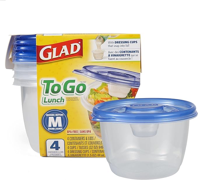 Glad Gladware Lockware to Go Food Storage Containers Medium Size Round Food Storage That Holds up to 32 Ounces of Food, Solids, or Liquids | 32 oz Containers, 4 Count Set
