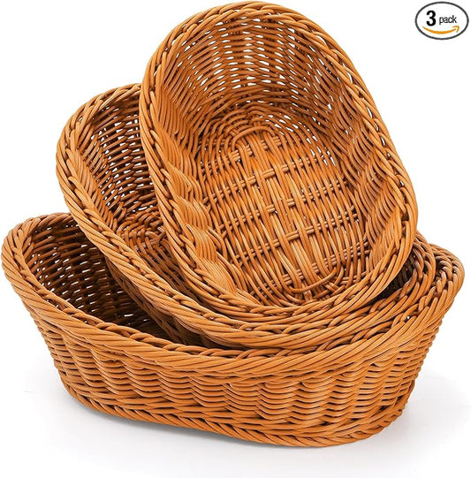 Yarlung 3 Pack Small Woven Breads Baskets, Oval Fruit Baskets Stackable Plastic Wicker Basket for Serving Vegetables, Kitchen, Restaurant, Outdoor, Imitation Rattan Brown, 3 Sizes