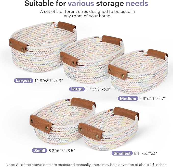 5 Piece Storage Baskets Small Woven Basket with Detachable Leather Handle, Cotton Rope Shelf Baskets for Closet Organizers, Different Sizes Basket Decor, Rainbow
